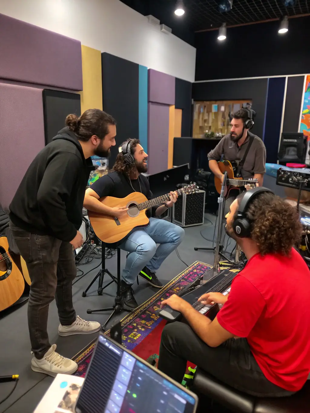 A photo of a recording session, featuring diverse musicians collaborating and creating music in a professional studio.