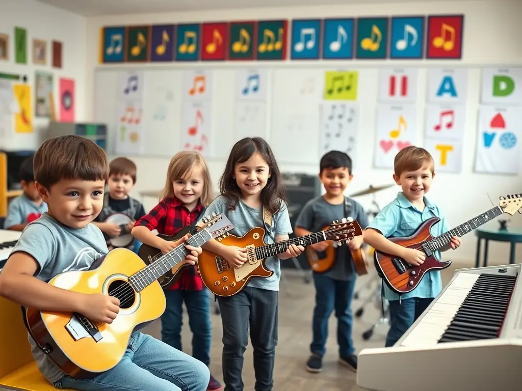 A vibrant image showcasing a music workshop in progress, with participants of diverse ages engaged in learning and creating music together, reflecting the inclusive nature of ENJOY X/Y's educational programs.