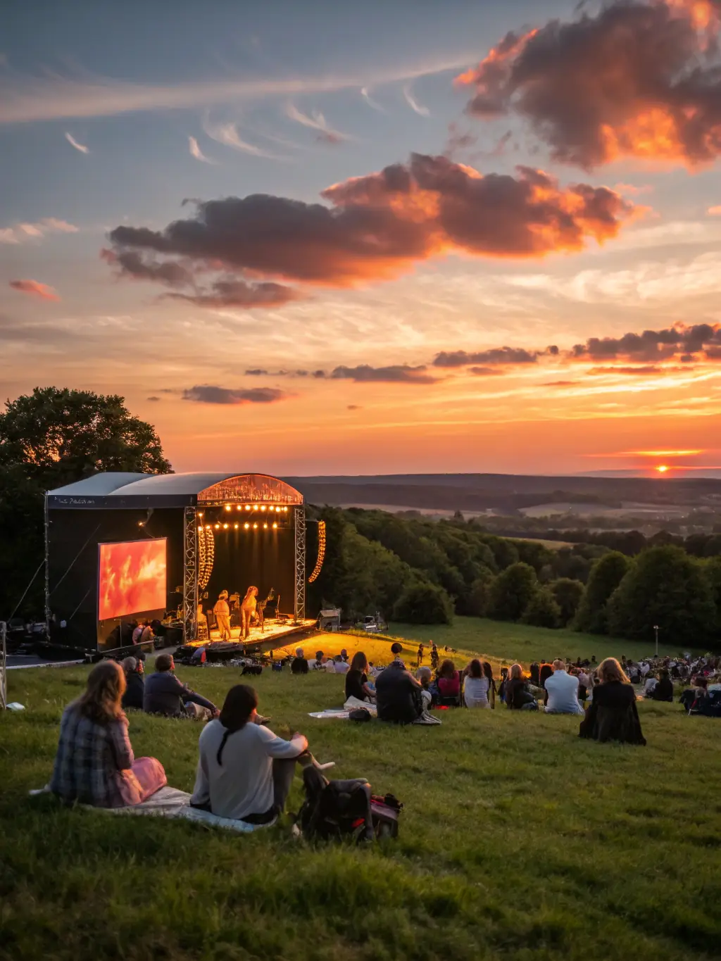 A lively image of a community music festival, with people of all ages enjoying live performances and musical activities.