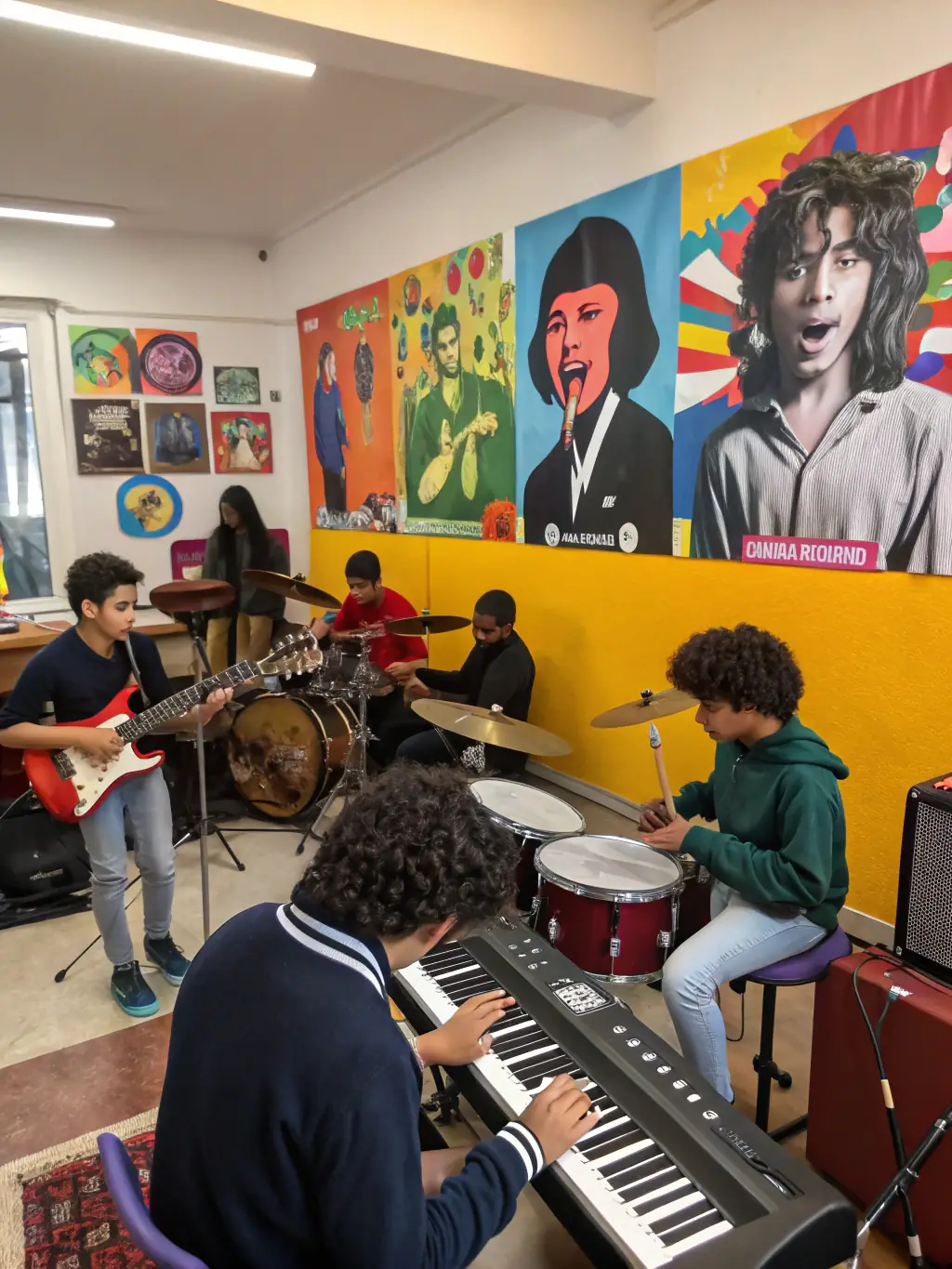 A photo of a music workshop, with participants learning about different instruments and musical techniques from experienced instructors.