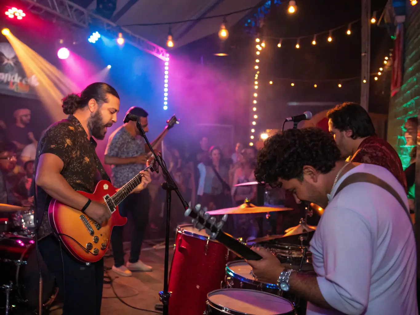 A vibrant scene from an ENJOY X/Y cultural event, with musicians performing on stage and an engaged audience enjoying the music, highlighting the organization's role in promoting artistic expression.