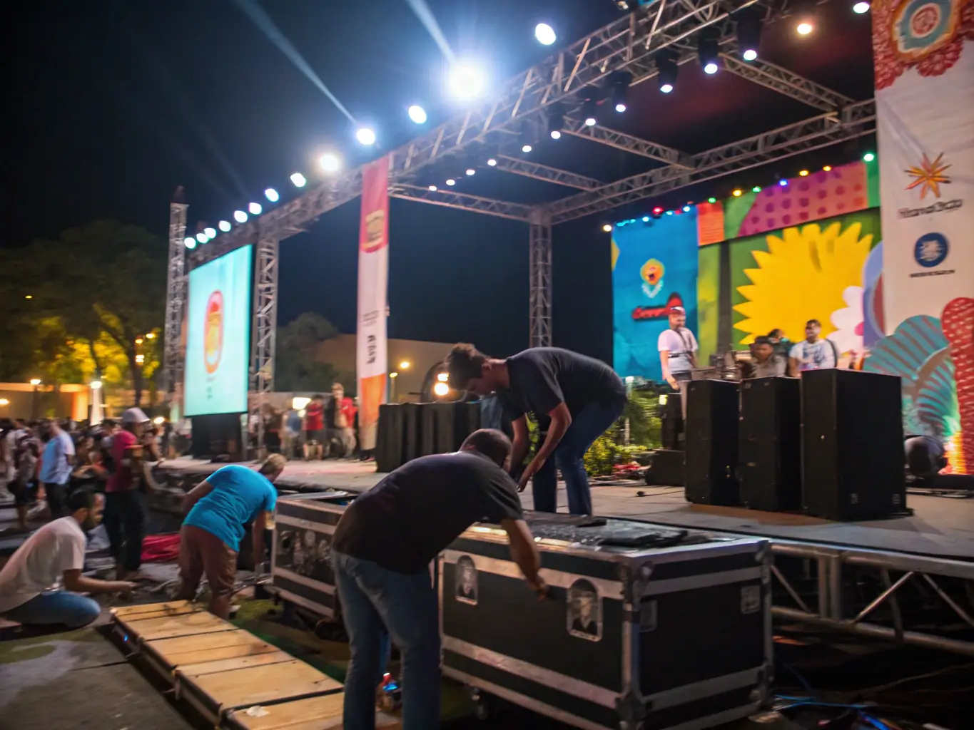 A group of volunteers of various ages and backgrounds working together at an ENJOY X/Y event, setting up equipment and assisting attendees, showcasing community involvement.